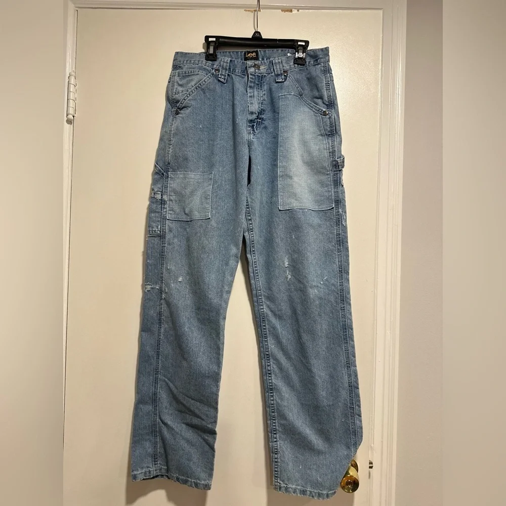 Lee Y2K 30x32 Loose fit Distressed Patched Light Wash Baggy Straight Leg Jeans.